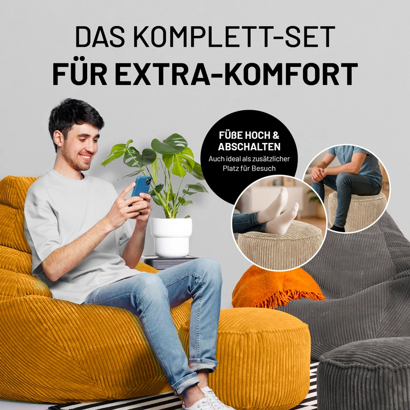 Relax Set Cord – Sitzsack GIANT + Pouf - Senfgelb