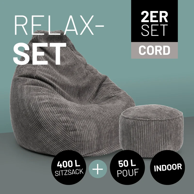 Relax Set Cord – Sitzsack GIANT + Pouf - Grau