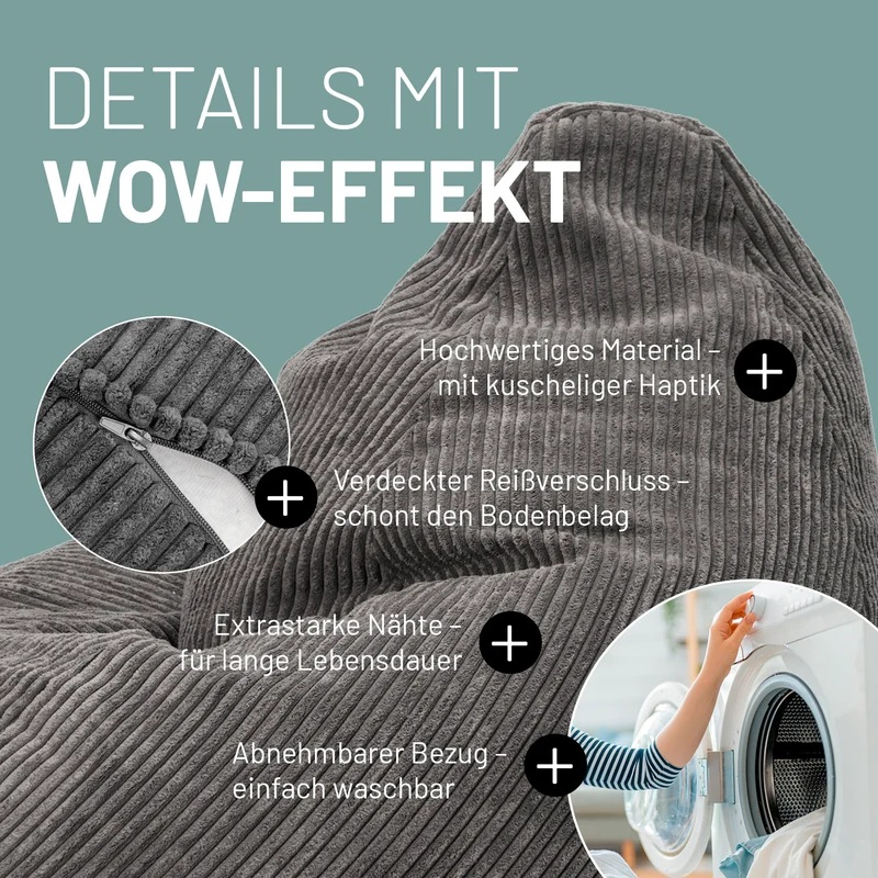 Relax Set Cord – Sitzsack GIANT + Pouf - Grau