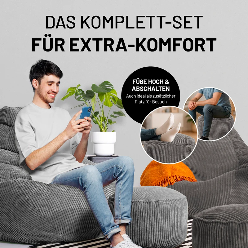 Relax Set Cord – Sitzsack GIANT + Pouf - Grau
