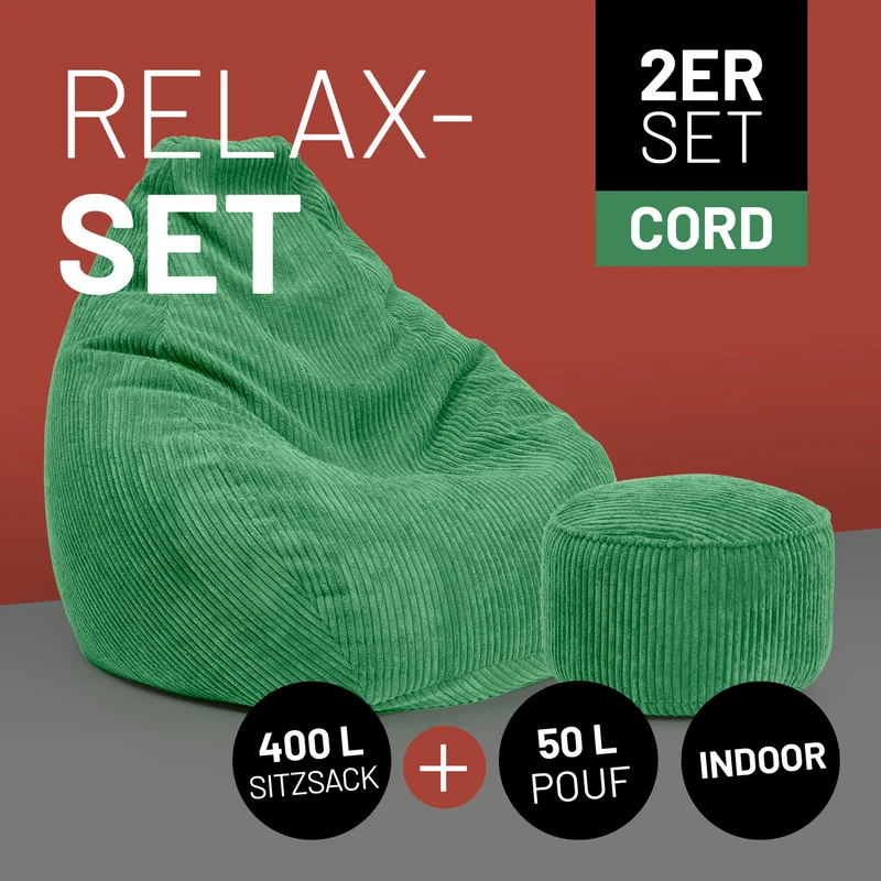 Relax Set Cord – Sitzsack GIANT + Pouf - Dunkelgrün