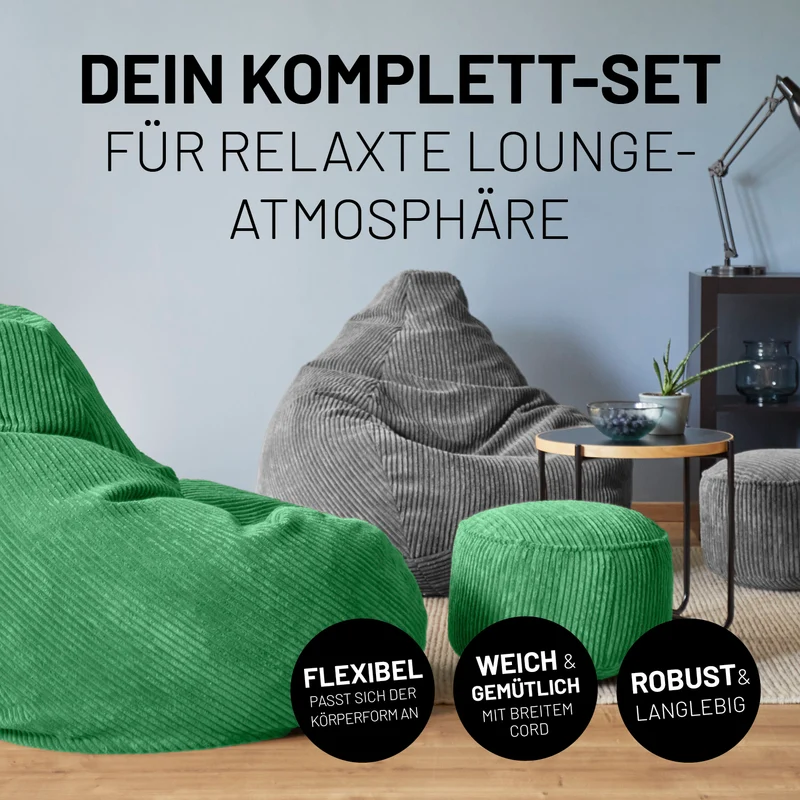 Relax Set Cord – Sitzsack GIANT + Pouf - Dunkelgrün