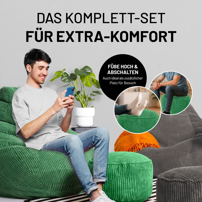 Relax Set Cord – Sitzsack GIANT + Pouf - Dunkelgrün