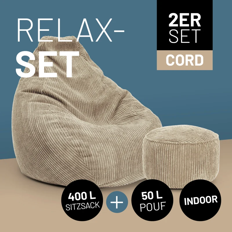 Relax Set Cord – Sitzsack GIANT + Pouf - Beige