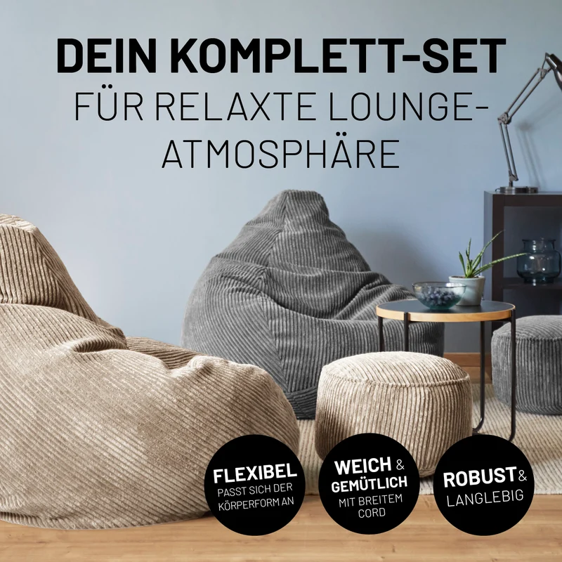 Relax Set Cord – Sitzsack GIANT + Pouf - Beige