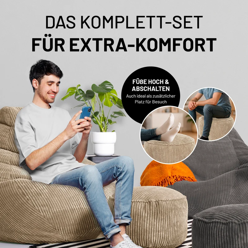 Relax Set Cord – Sitzsack GIANT + Pouf - Beige