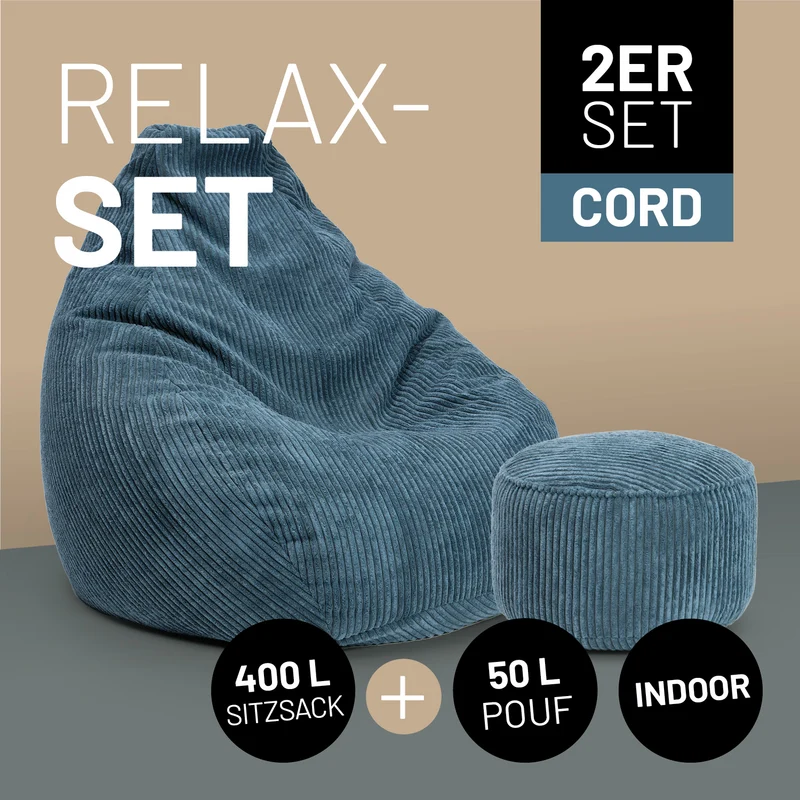 Relax Set Cord – Sitzsack GIANT + Pouf - Blau