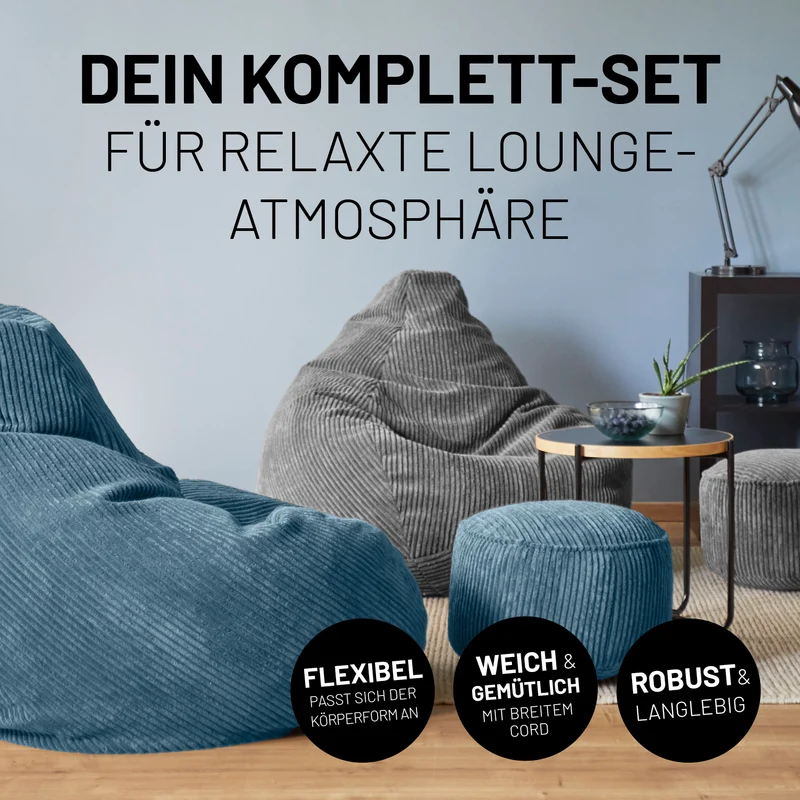 Relax Set Cord – Sitzsack GIANT + Pouf - Blau
