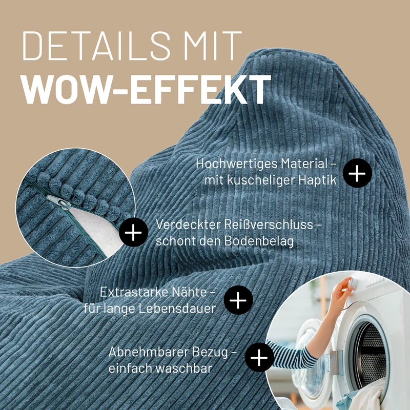 Relax Set Cord – Sitzsack GIANT + Pouf - Blau