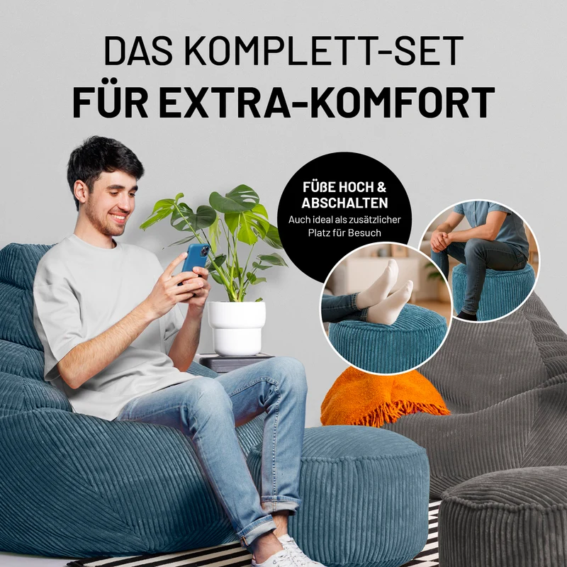 Relax Set Cord – Sitzsack GIANT + Pouf - Blau
