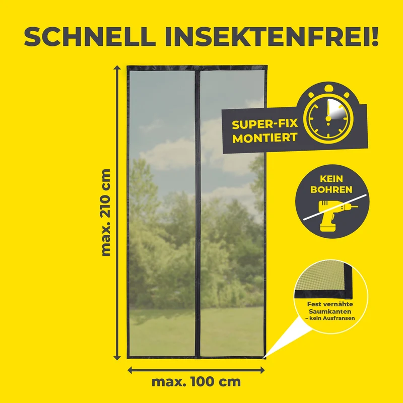 EASYmaxx Insect Protect Insektenschutzvorhang mit eingenähten XXL-Magnetbändern - 100 x 210 cm - Schwarz