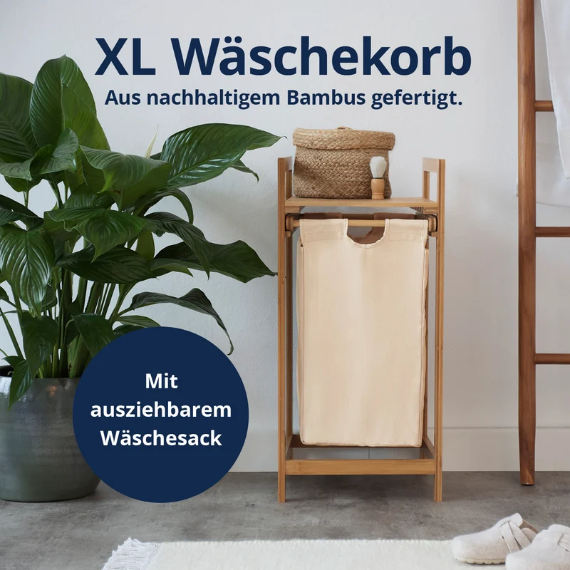 LUMALAND Bambus Wäschekorb mit ausziehbarem Wäschesack - 33 x 33 x 73 cm - Beige