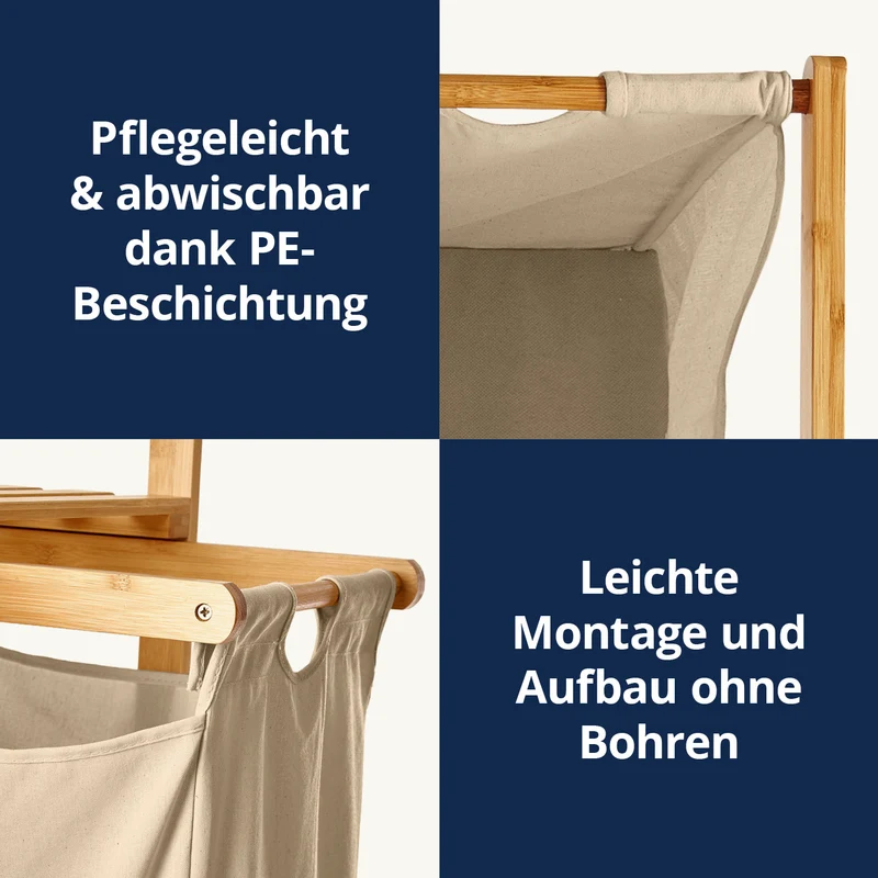 LUMALAND Bambus Wäschekorb mit ausziehbarem Wäschesack - 33 x 33 x 73 cm - Beige