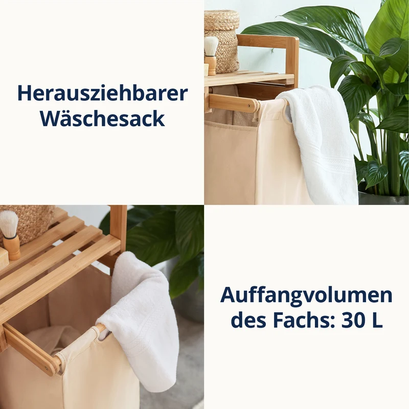 LUMALAND Bambus Wäschekorb mit ausziehbarem Wäschesack - 33 x 33 x 73 cm - Beige