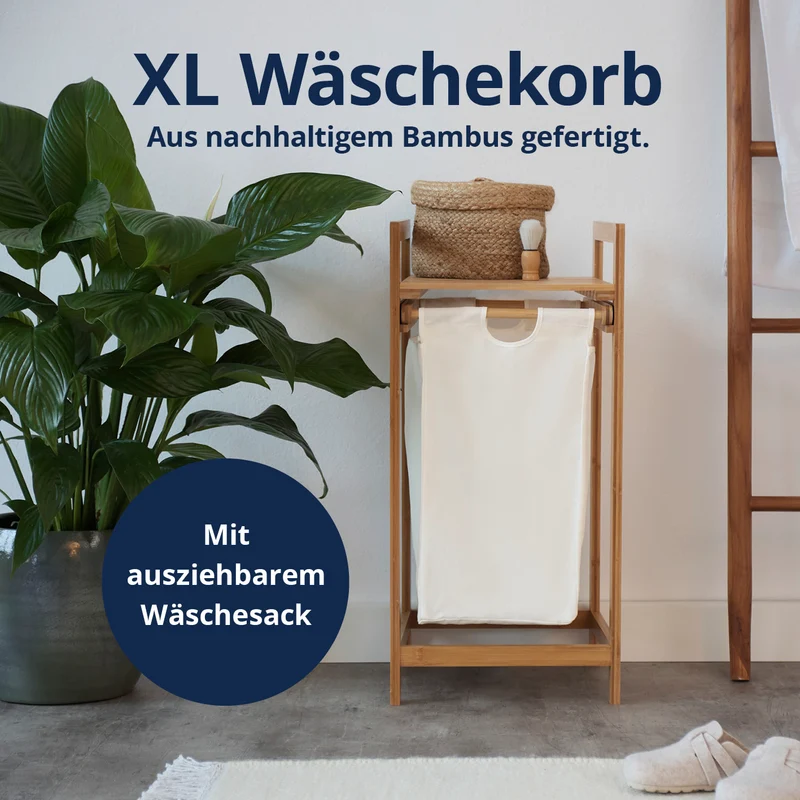 LUMALAND Bambus Wäschekorb mit ausziehbarem Wäschesack - 33 x 33 x 73 cm - Weiß