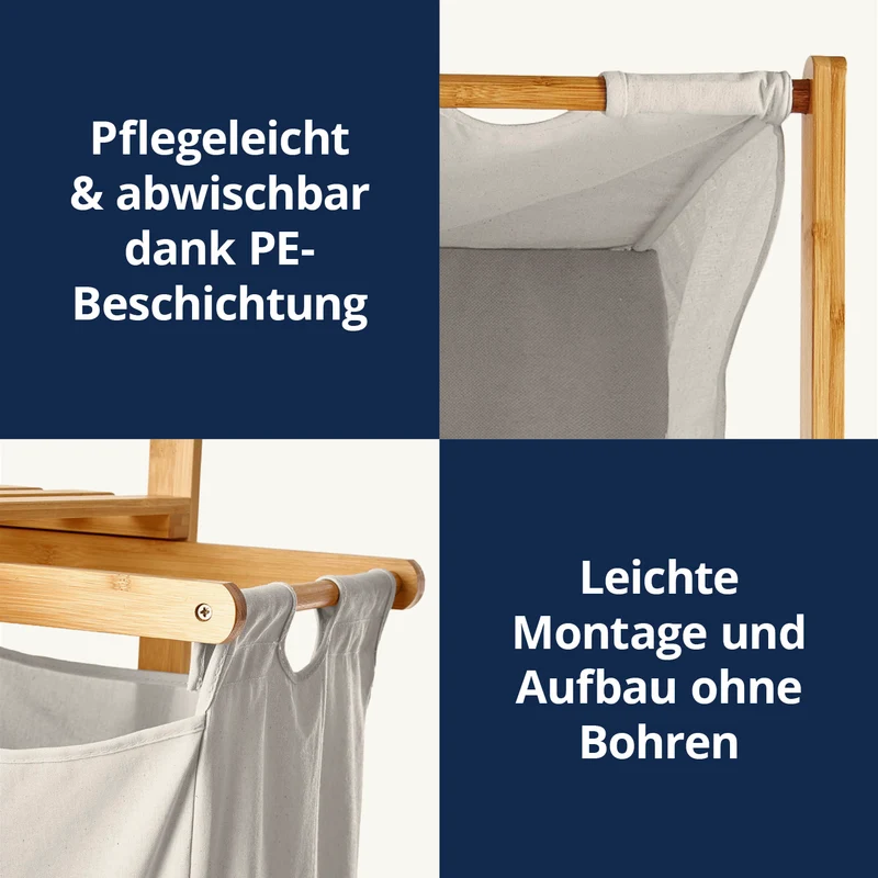 LUMALAND Bambus Wäschekorb mit ausziehbarem Wäschesack - 33 x 33 x 73 cm - Weiß