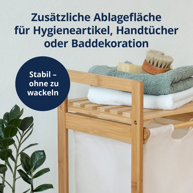 LUMALAND Bambus Wäschekorb mit ausziehbarem Wäschesack - 33 x 33 x 73 cm - Weiß