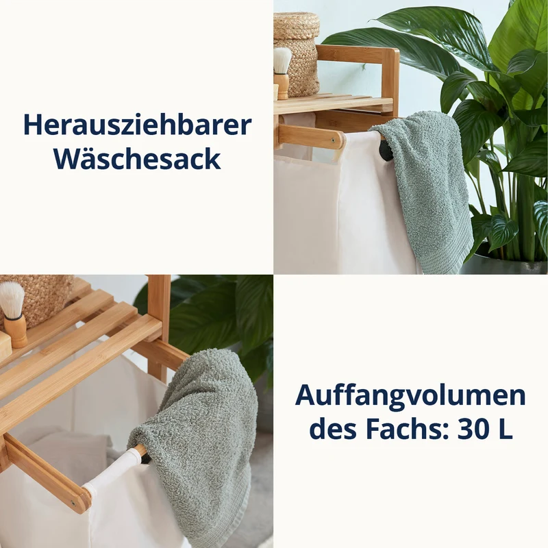 LUMALAND Bambus Wäschekorb mit ausziehbarem Wäschesack - 33 x 33 x 73 cm - Weiß