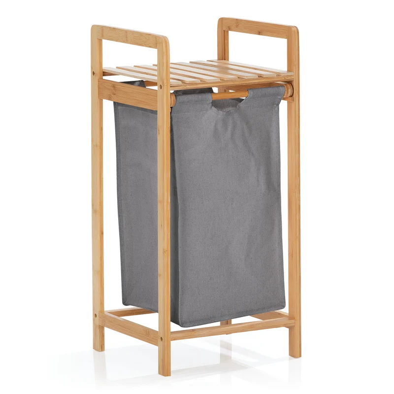 LUMALAND Bambus Wäschekorb mit ausziehbarem Wäschesack - 33 x 33 x 73 cm - Dunkelgrau