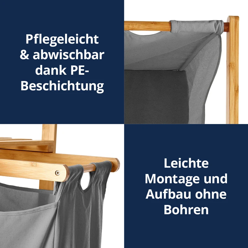 LUMALAND Bambus Wäschekorb mit ausziehbarem Wäschesack - 33 x 33 x 73 cm - Dunkelgrau