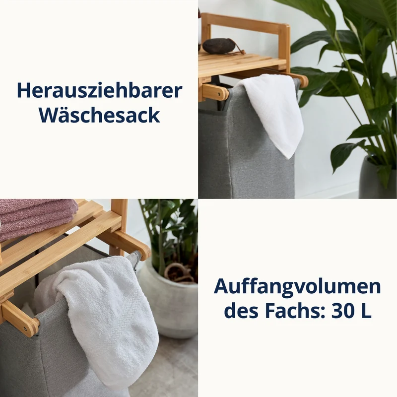 LUMALAND Bambus Wäschekorb mit ausziehbarem Wäschesack - 33 x 33 x 73 cm - Dunkelgrau
