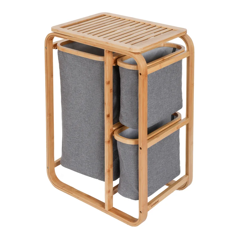LUMALAND Wäschekorb aus Bambus - 1 XL Fach + 2 Kompaktfächer - 49,5 x 33 x 71 cm - Grau