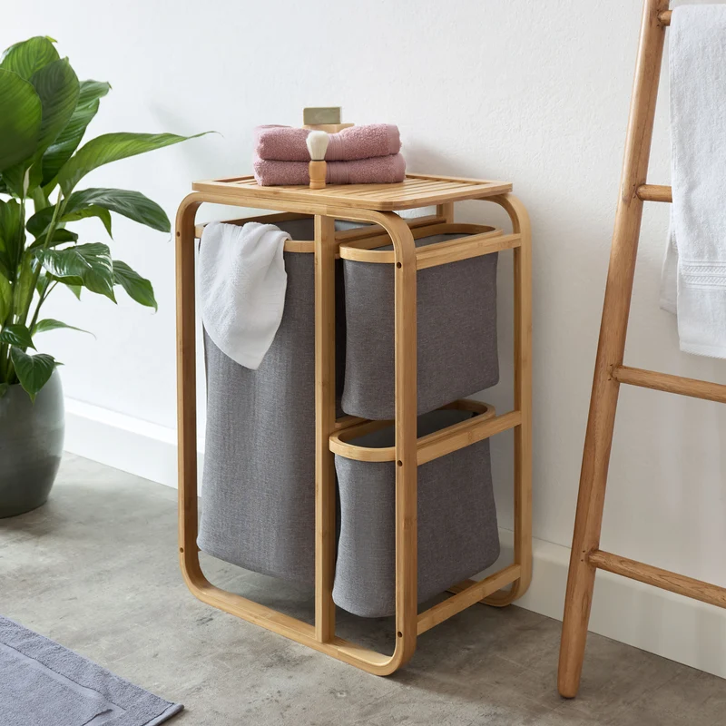 LUMALAND Wäschekorb aus Bambus - 1 XL Fach + 2 Kompaktfächer - 49,5 x 33 x 71 cm - Grau