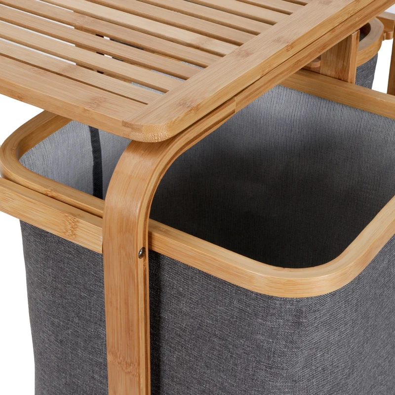 LUMALAND Wäschekorb aus Bambus - 1 XL Fach + 2 Kompaktfächer - 49,5 x 33 x 71 cm - Grau