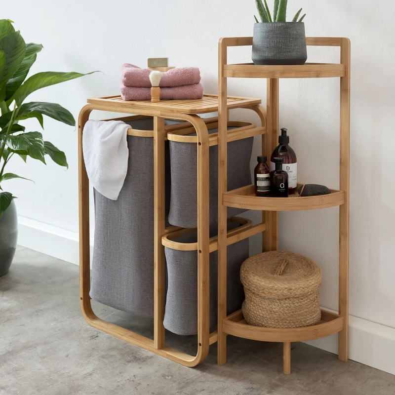LUMALAND Wäschekorb aus Bambus - 1 XL Fach + 2 Kompaktfächer - 49,5 x 33 x 71 cm - Grau