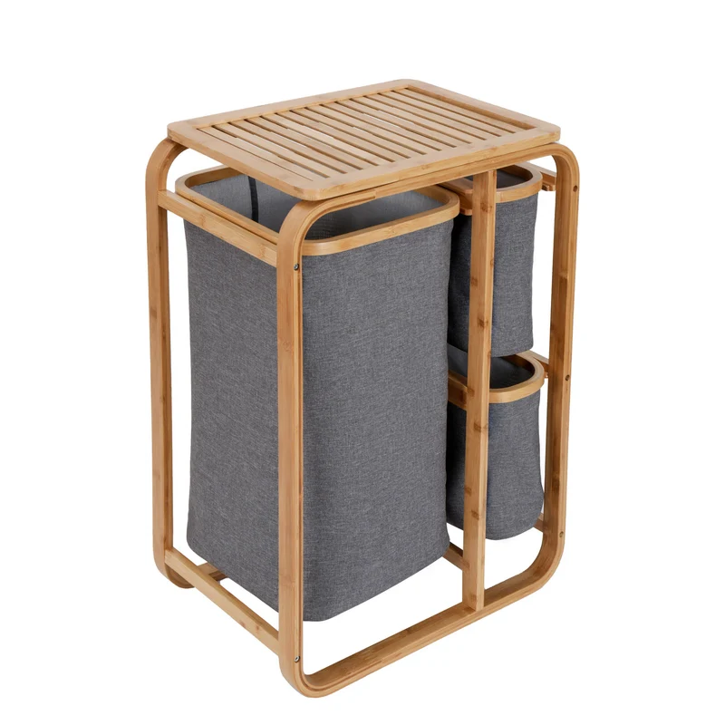 LUMALAND Wäschekorb aus Bambus - 1 XL Fach + 2 Kompaktfächer - 49,5 x 33 x 71 cm - Grau