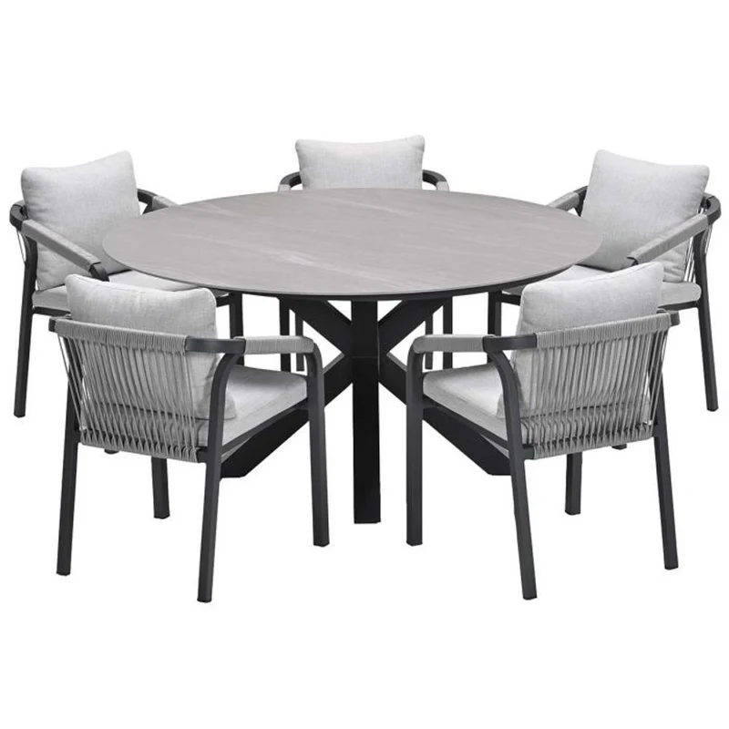 Monti tuinset 6-delig carbon black rope taupe met Lowland tuintafel rond 150 cm napoli sand