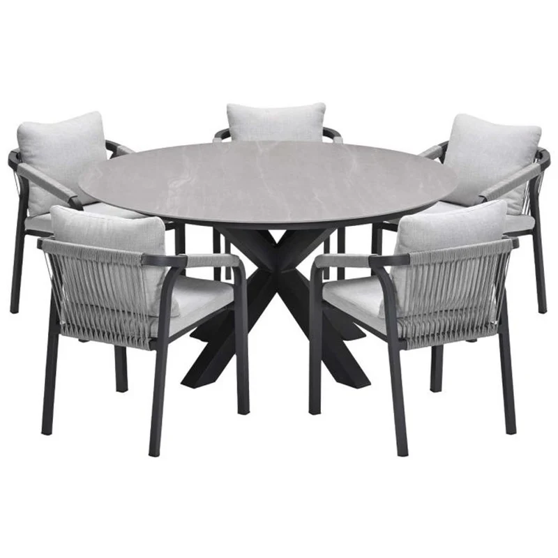 Monti tuinset 6-delig carbon black rope taupe met Lowland tuintafel rond 150 cm napoli sand