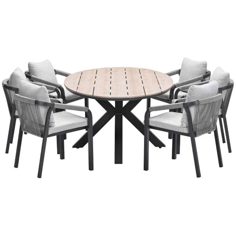 Monti tuinset 7-delig taupe met Edison tuintafel ovaal 220x115 cm light teak vironwood
