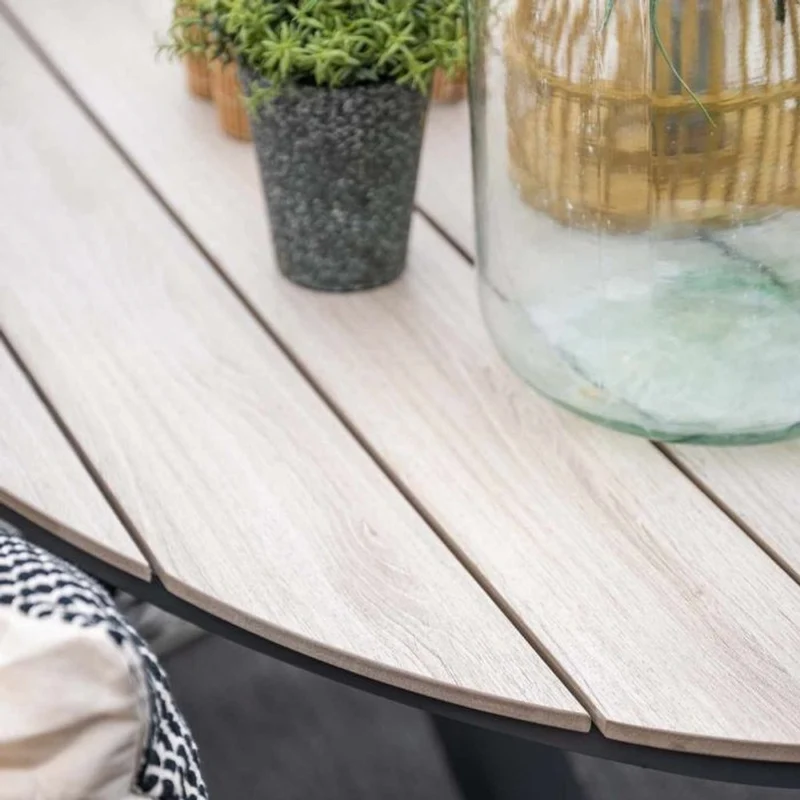 Monti tuinset 7-delig taupe met Edison tuintafel ovaal 220x115 cm light teak vironwood