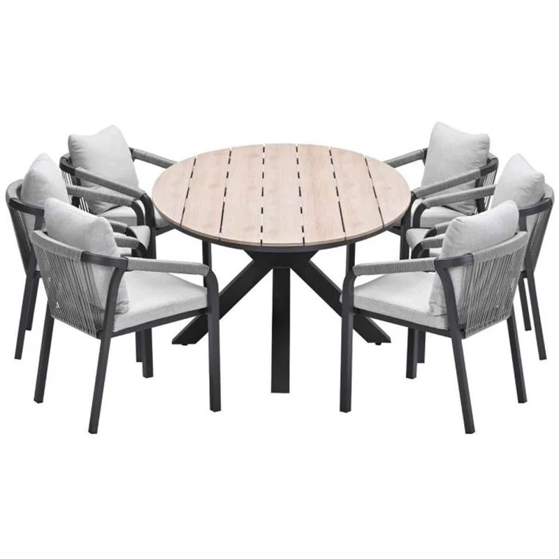 Monti tuinset 7-delig taupe met Edison tuintafel ovaal 220x115 cm light teak vironwood
