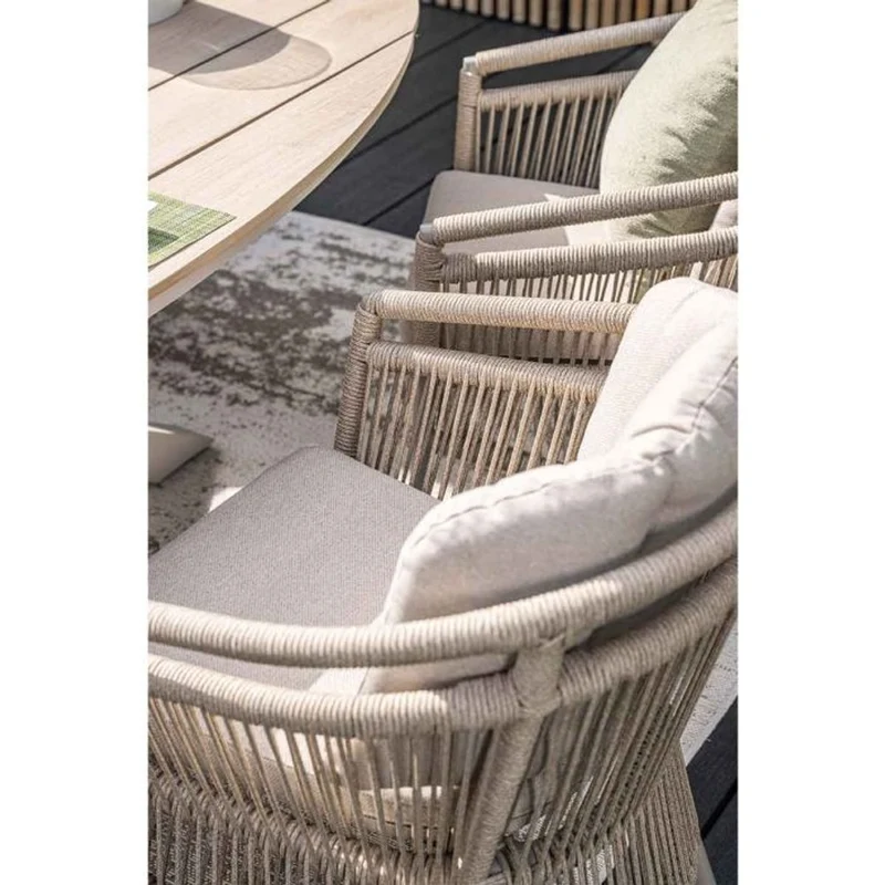 Porto tuinset 7-delig taupe met Edison tuintafel ovaal 220x115 cm light teak vironwood