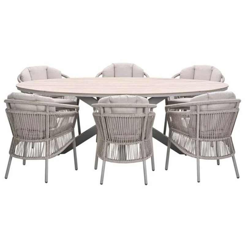 Porto tuinset 7-delig taupe met Edison tuintafel ovaal 220x115 cm light teak vironwood