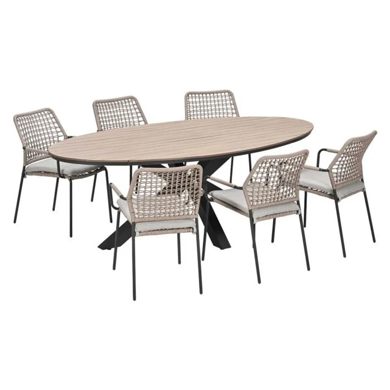 Swifty tuinset 7-delig sand met Edison tuintafel ovaal 220x115 cm bruin vironwood