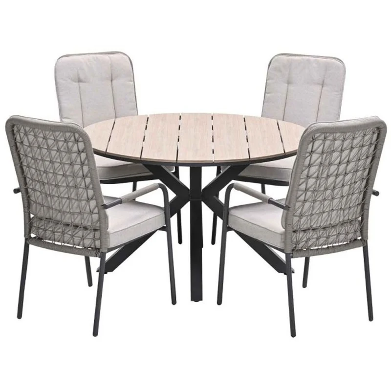 Venice tuinset 5-delig taupe met Edison tuintafel rond 122 cm light teak vironwood