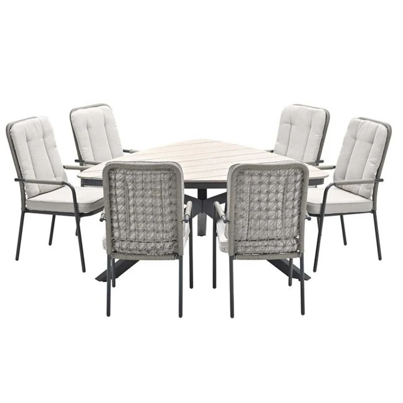 Venice tuinset 7-delig taupe met Edison tuintafel driehoek 170 cm light teak vironwood