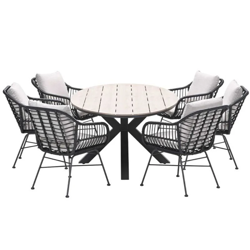 Margriet tuinset 7-delig valley sand met Edison tuintafel ovaal 220x115 cm light teak vironwood