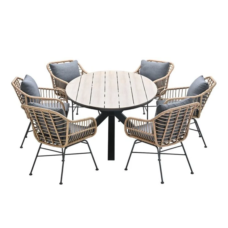 Margriet tuinset 7-delig valley sand met Edison tuintafel ovaal 220x115 cm light teak vironwood