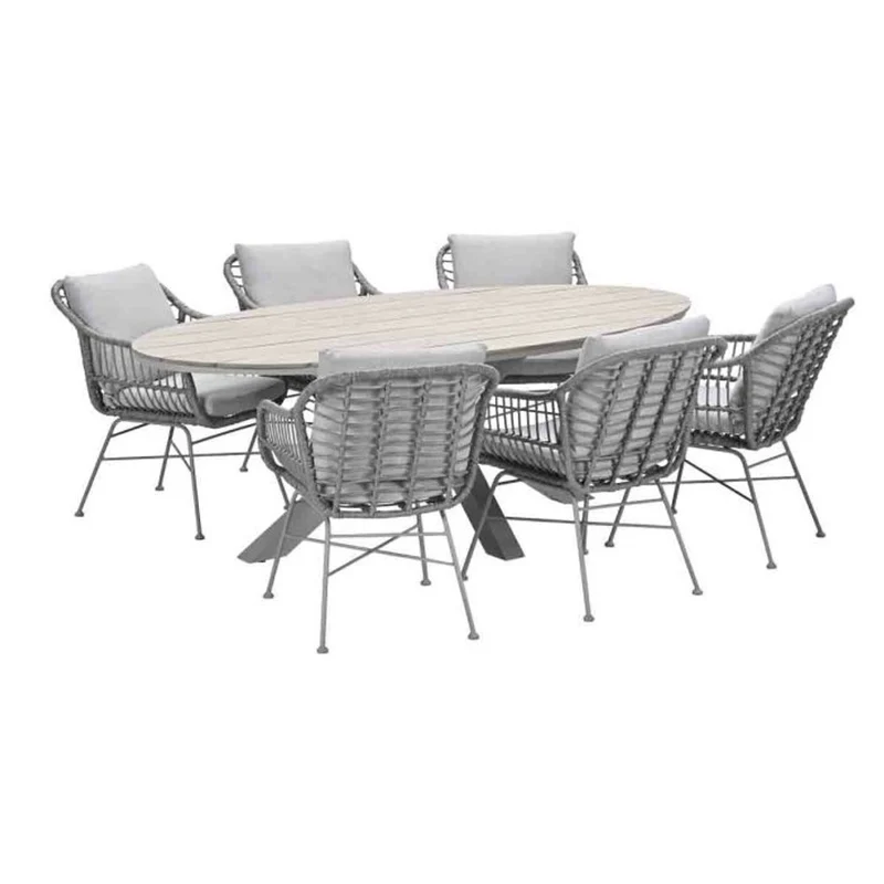 Margriet tuinset 7-delig bruin met Edison tuintafel ovaal 220x115 cm light teak vironwood