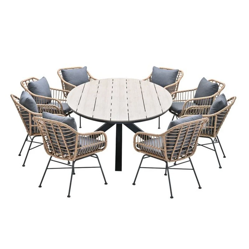 Margriet tuinset 9-delig bruin met Edison tuintafel ovaal 280x140 cm light teak vironwood