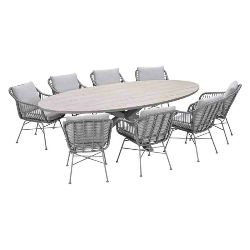 Margriet tuinset 9-delig bruin met Edison tuintafel ovaal 280x140 cm light teak vironwood