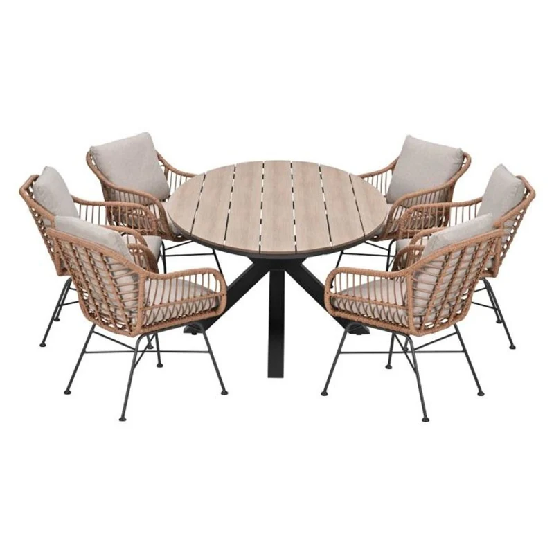 Margriet tuinset 7-delig zwart met Edison tuintafel ovaal 220x115 cm light teak vironwood