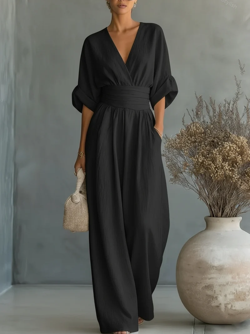 Eleganter V-Ausschnitt Jumpsuit mit hoher Taille und weitem Schnitt