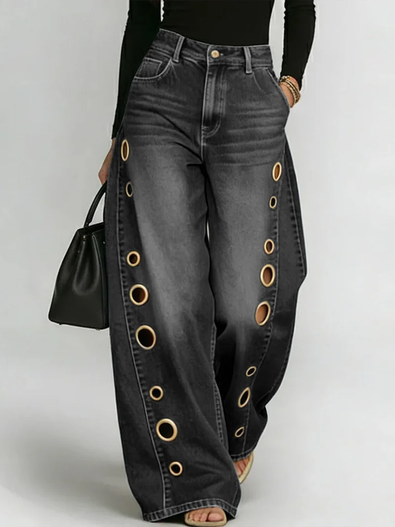 Damen High-Waist Weitbein Freizeithose Jeans