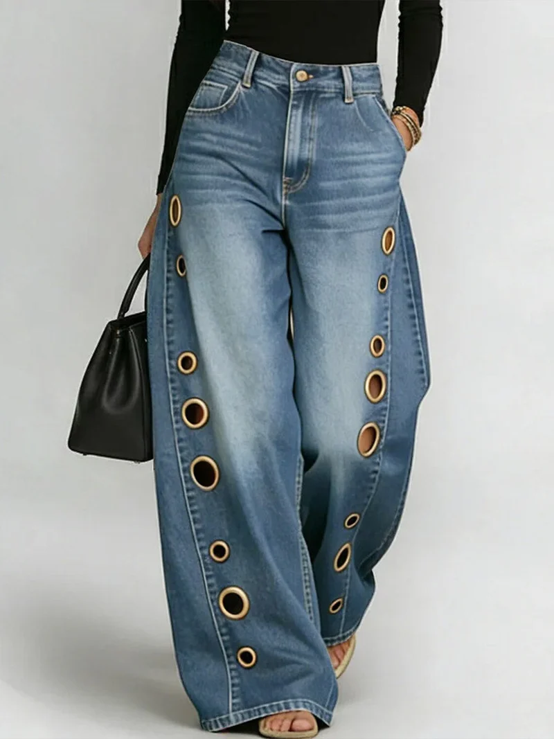 Damen High-Waist Weitbein Freizeithose Jeans