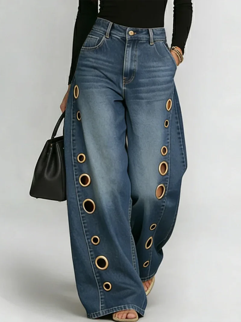 Damen High-Waist Weitbein Freizeithose Jeans